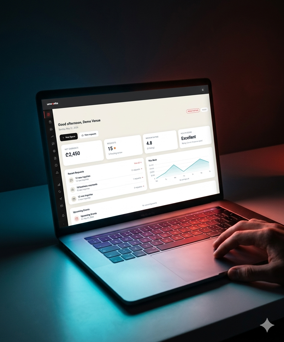 Vendor managing bookings on the Unvento dashboard — laptop lit by cyan and red neon